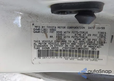 2000 Lexus Lx 470 from USA, damaged, VIN JT6HT00W0Y0085293